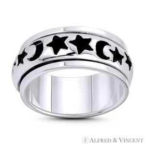 Waxing Crescent Moon & Star Lunar Men's Ring in .925 Sterling Silver Size 10